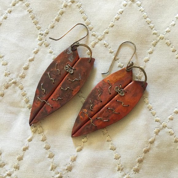 Large Dangly Artisan Rust + Silver Copper Metalwork Beaded Leaf Earrings - Picture 3 of 8